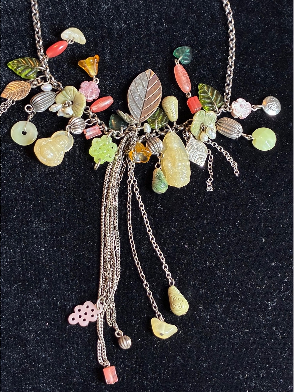 Vintage Asian-Inspired Charm Bib Necklace – Carved Faux Jade & Tassel Fringe